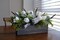 Spring Table Decor Faux White Tulips Arrangement, Spring Easter Tabletop Floral Centerpiece, Artificial Tulip Lavender Eucalyptus Boxwood and Bow in Rectangular Wood Box for Home Decoration, 14in